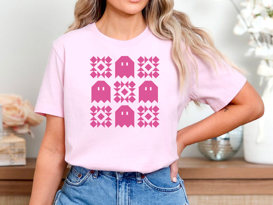 Pink Spooky Ghost Quilt Block T-Shirt